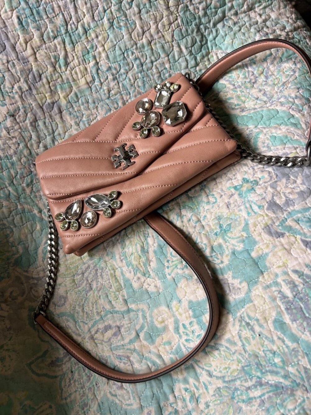 Tory Burch Blush Pink Quilted Leather Crystal Jeweled Chain Crossbody